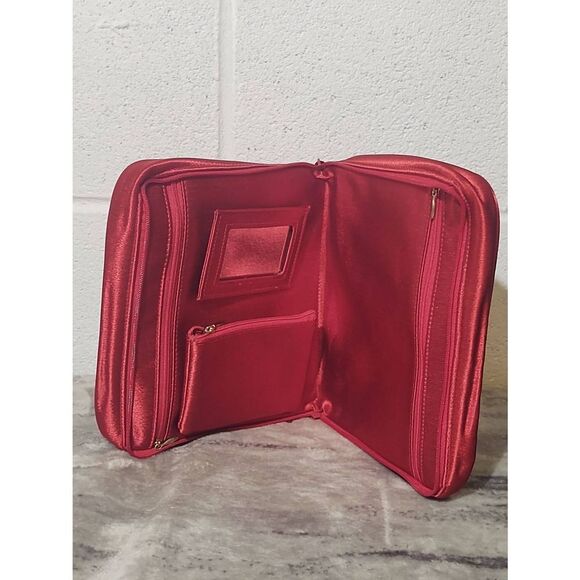 YSL Parfums Yves Saint Laurent Red Satin Double Zip Travel Cosmetic Makeup Bag - Picture 5 of 8